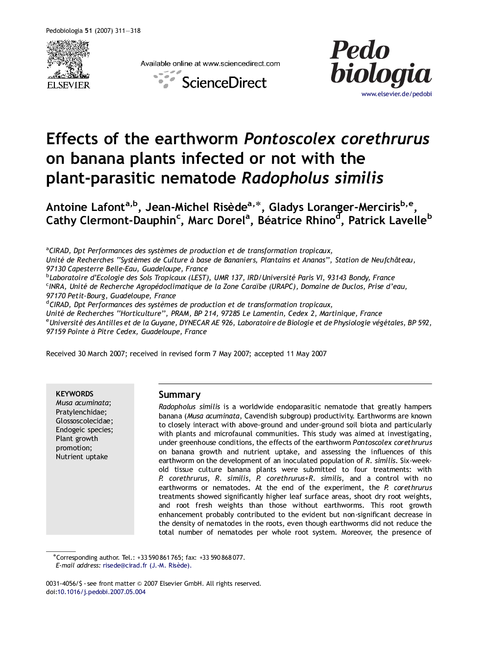 Effects of the earthworm Pontoscolex corethrurus on banana plants infected or not with the plant-parasitic nematode Radopholus similis