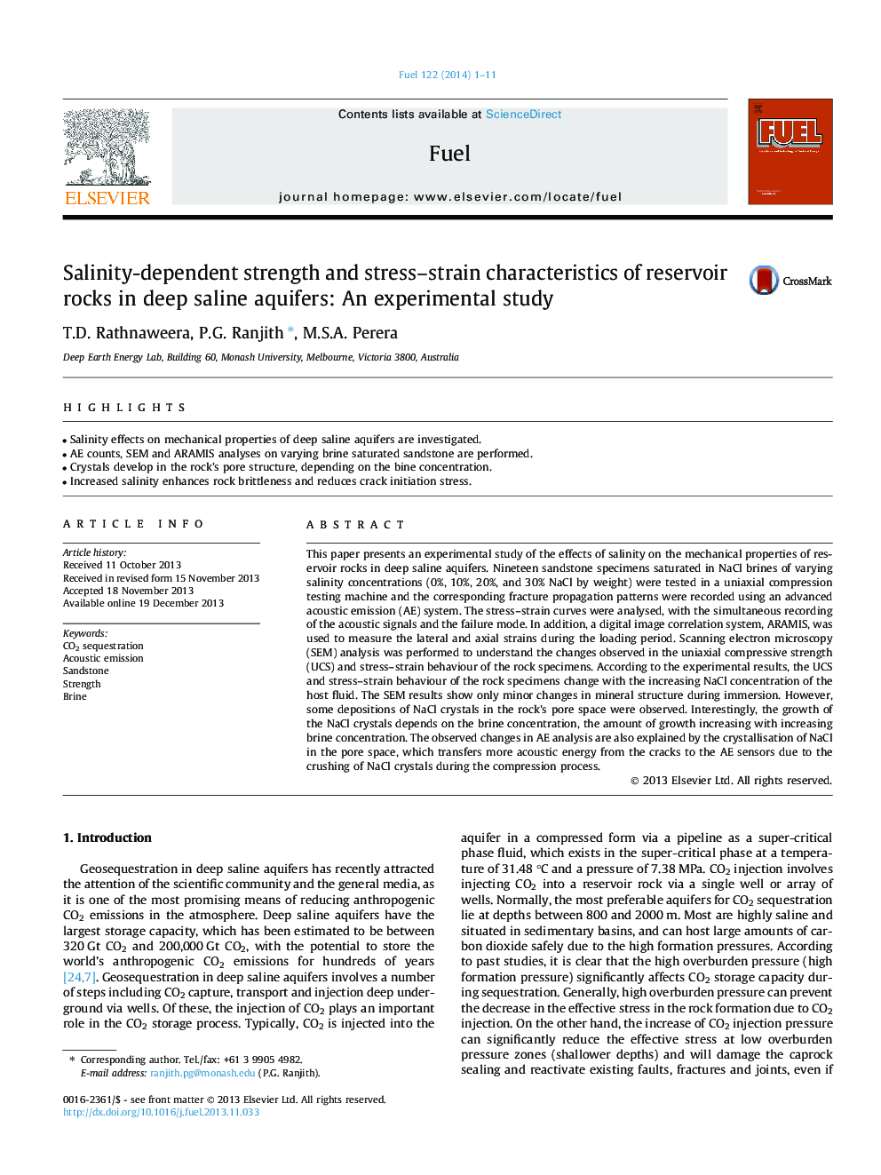 Salinity-dependent strength and stress–strain characteristics of reservoir rocks in deep saline aquifers: An experimental study