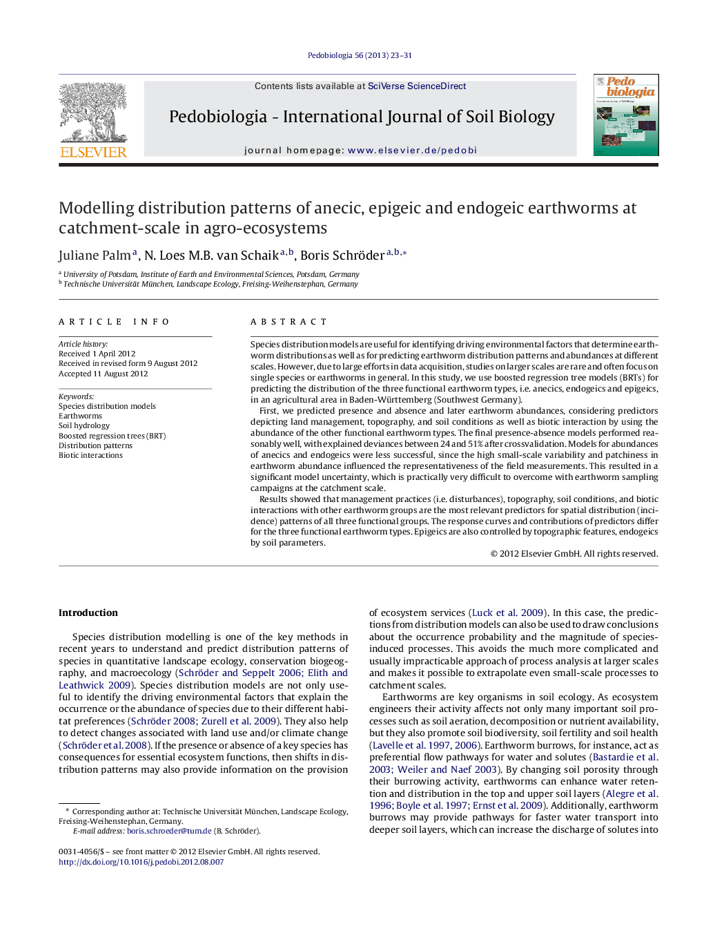 Modelling distribution patterns of anecic, epigeic and endogeic earthworms at catchment-scale in agro-ecosystems