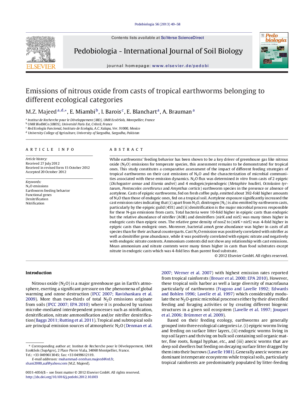 Emissions of nitrous oxide from casts of tropical earthworms belonging to different ecological categories