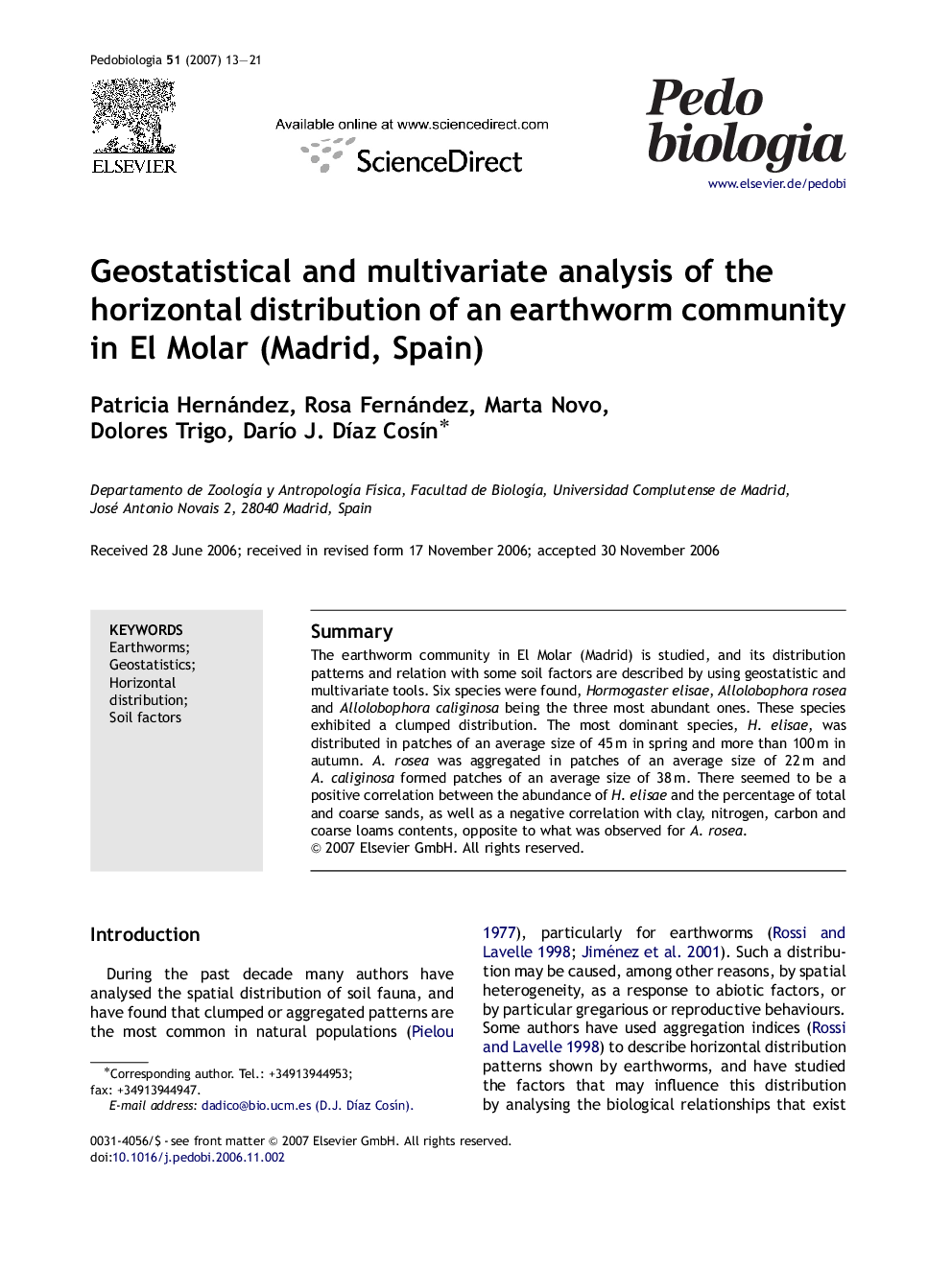 Geostatistical and multivariate analysis of the horizontal distribution of an earthworm community in El Molar (Madrid, Spain)