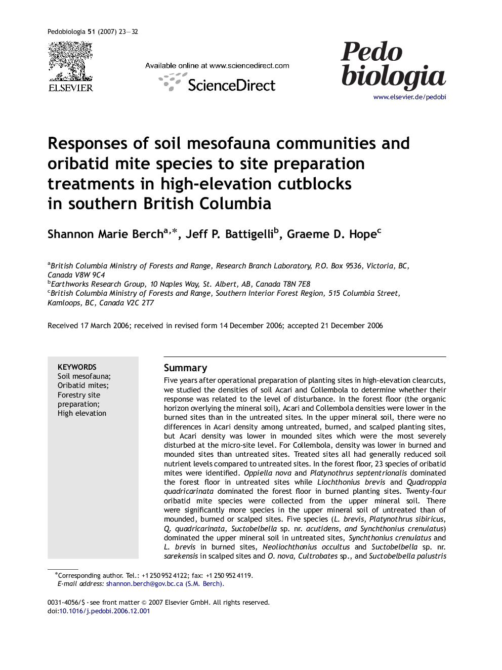 Responses of soil mesofauna communities and oribatid mite species to site preparation treatments in high-elevation cutblocks in southern British Columbia