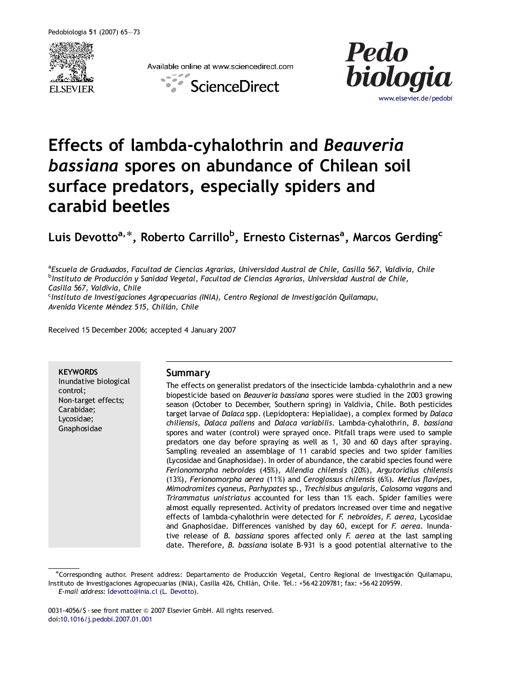 Effects of lambda-cyhalothrin and Beauveria bassiana spores on abundance of Chilean soil surface predators, especially spiders and carabid beetles