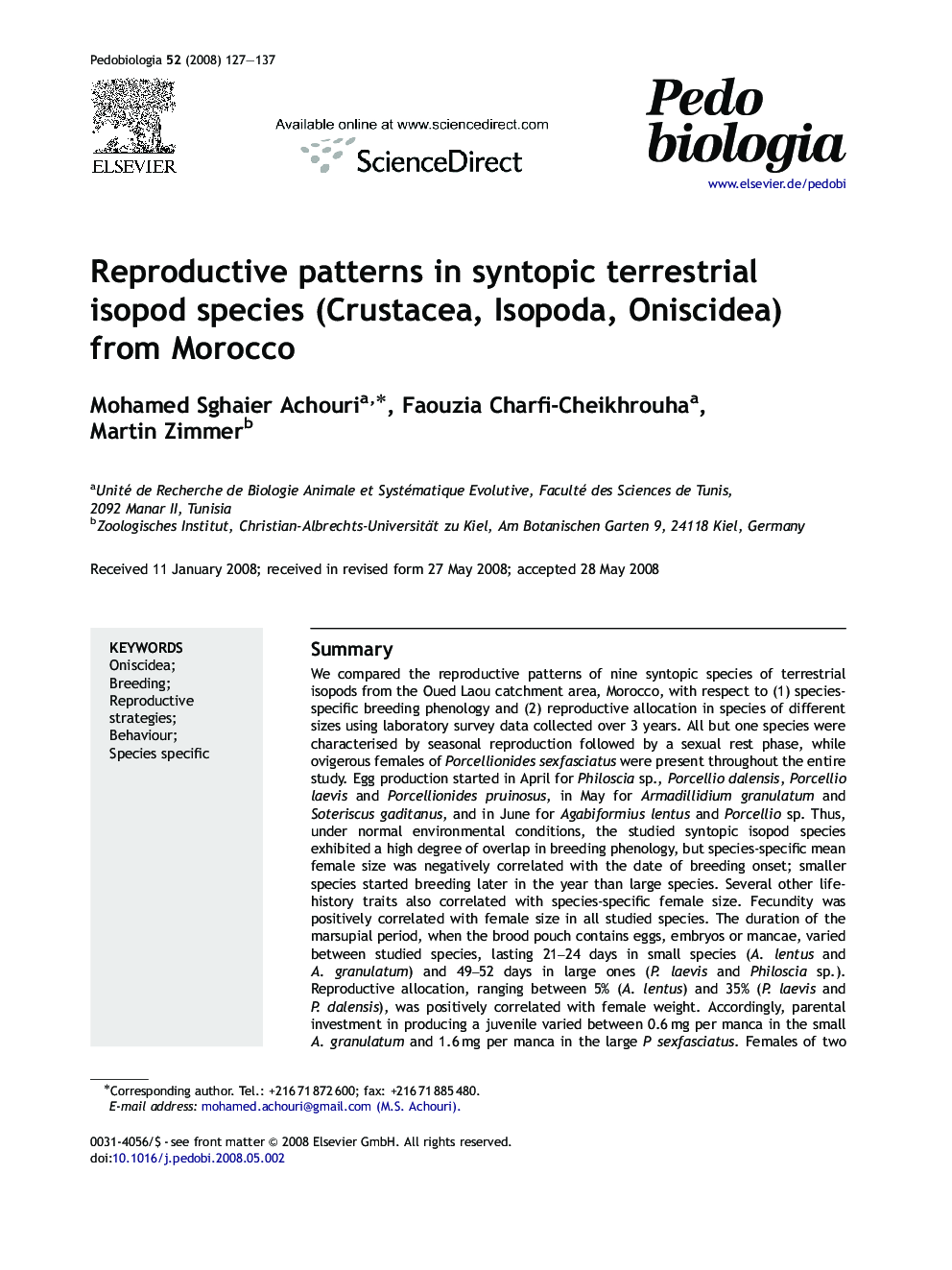 Reproductive patterns in syntopic terrestrial isopod species (Crustacea, Isopoda, Oniscidea) from Morocco