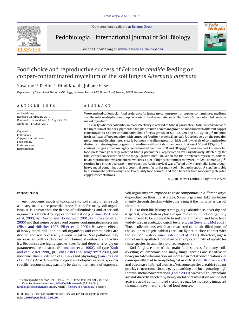 Food choice and reproductive success of Folsomia candida feeding on copper-contaminated mycelium of the soil fungus Alternaria alternata