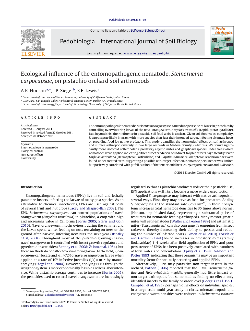 Ecological influence of the entomopathogenic nematode, Steinernema carpocapsae, on pistachio orchard soil arthropods