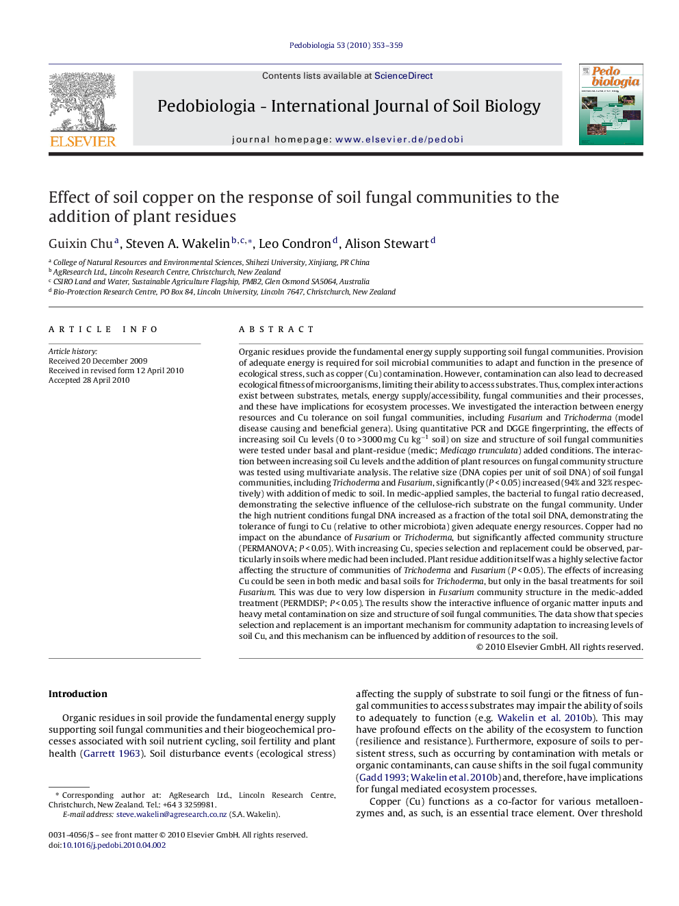 Effect of soil copper on the response of soil fungal communities to the addition of plant residues