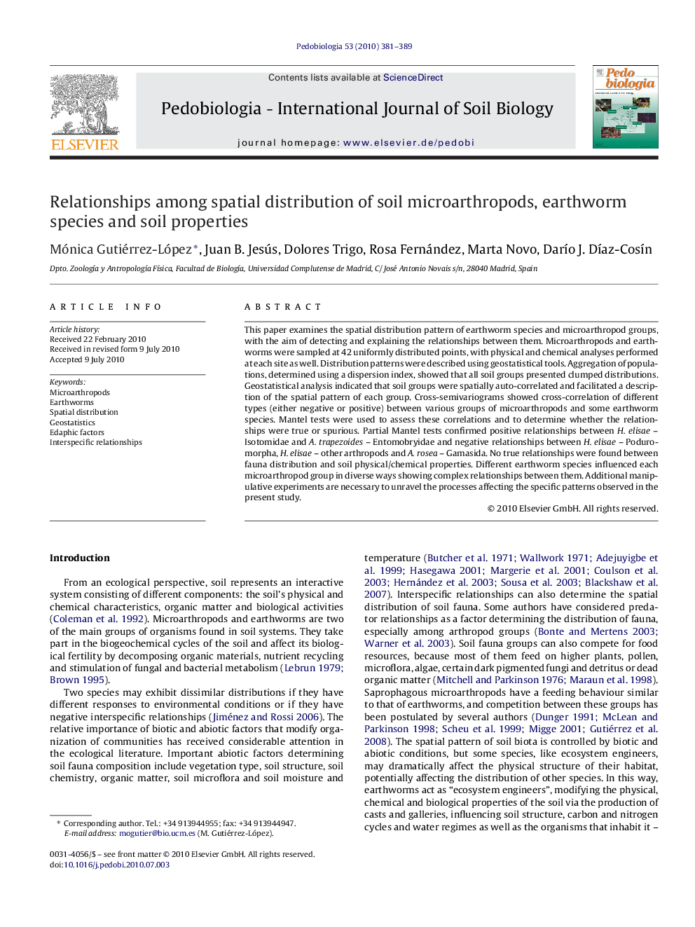 Relationships among spatial distribution of soil microarthropods, earthworm species and soil properties