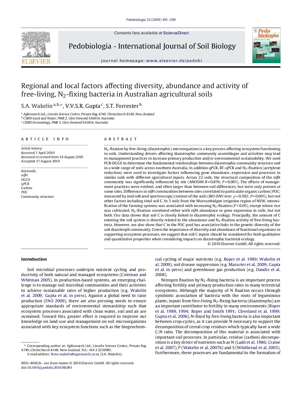 Regional and local factors affecting diversity, abundance and activity of free-living, N2-fixing bacteria in Australian agricultural soils