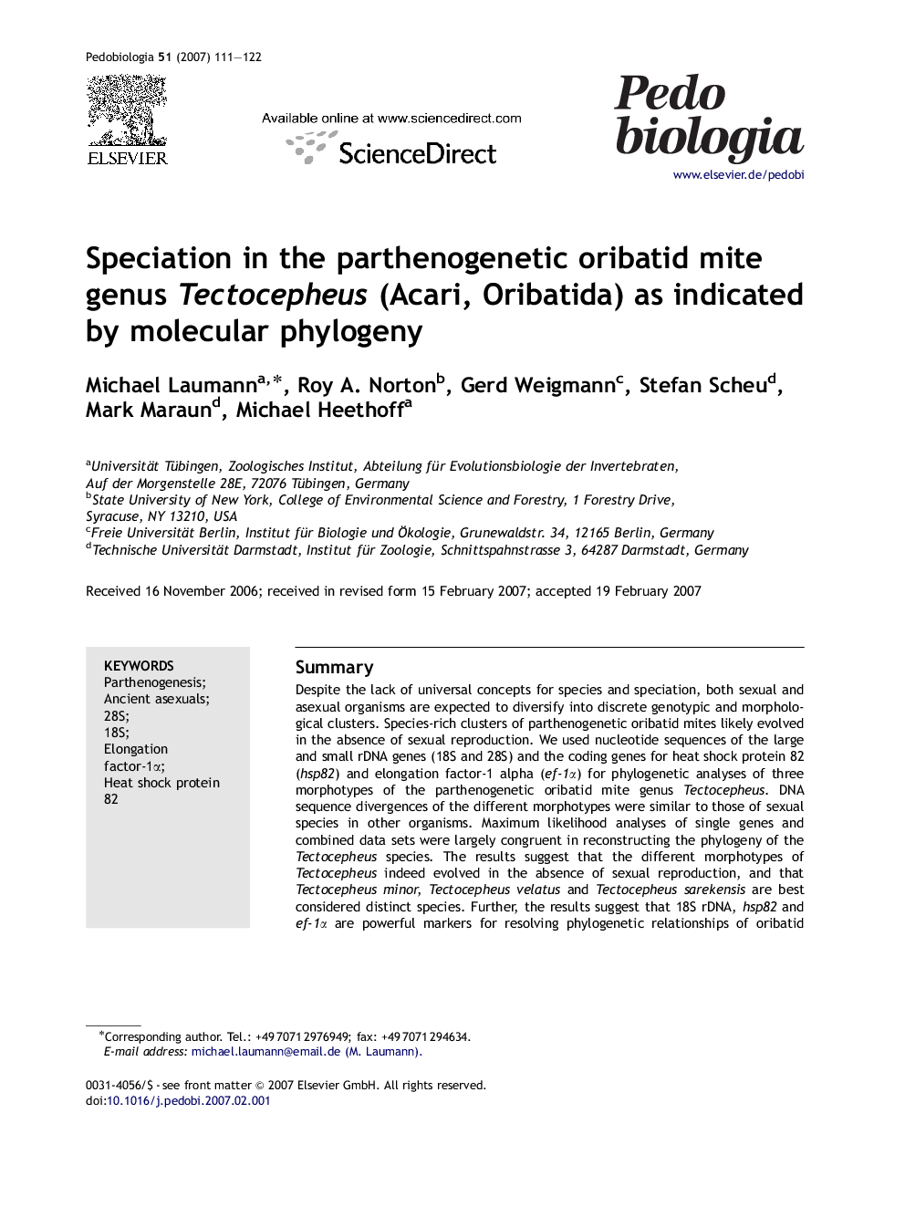 Speciation in the parthenogenetic oribatid mite genus Tectocepheus (Acari, Oribatida) as indicated by molecular phylogeny