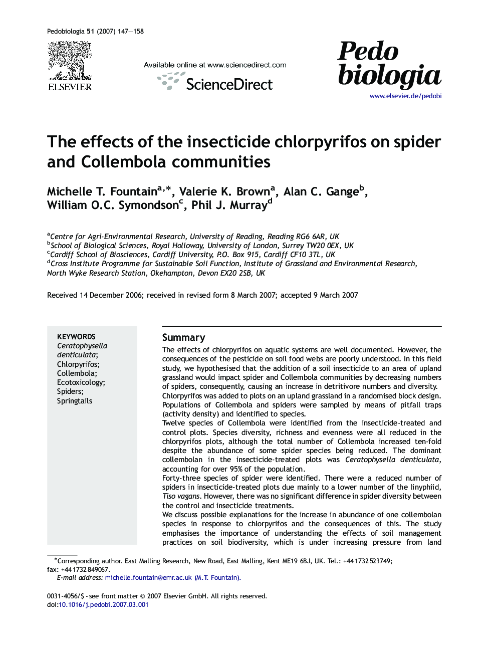 The effects of the insecticide chlorpyrifos on spider and Collembola communities