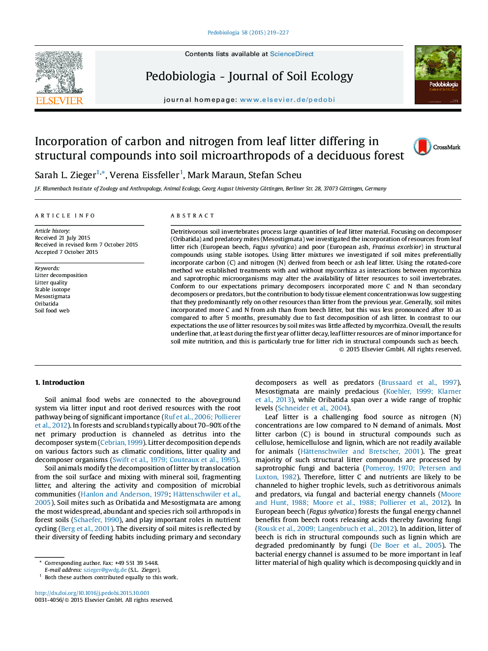 Incorporation of carbon and nitrogen from leaf litter differing in structural compounds into soil microarthropods of a deciduous forest