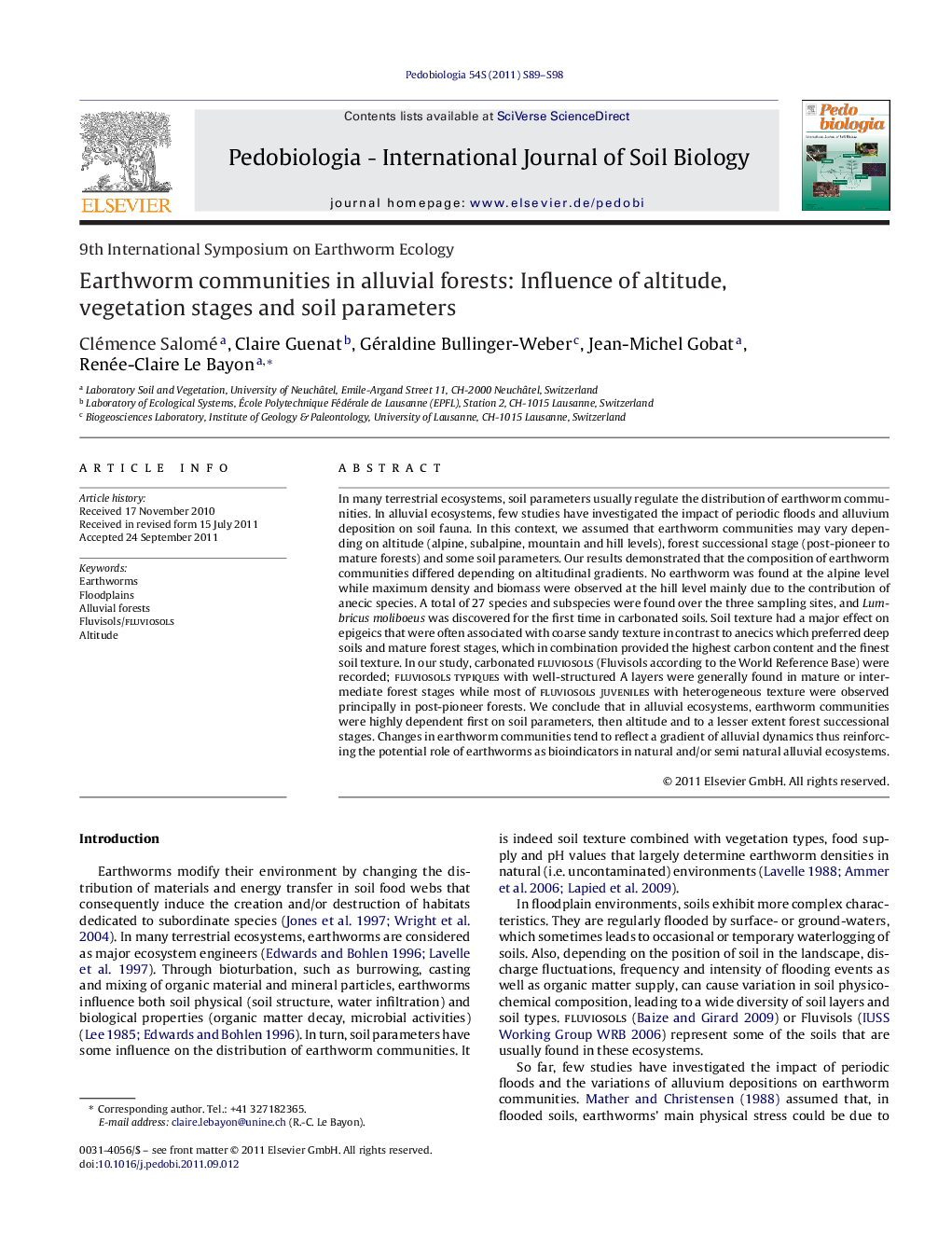 Earthworm communities in alluvial forests: Influence of altitude, vegetation stages and soil parameters