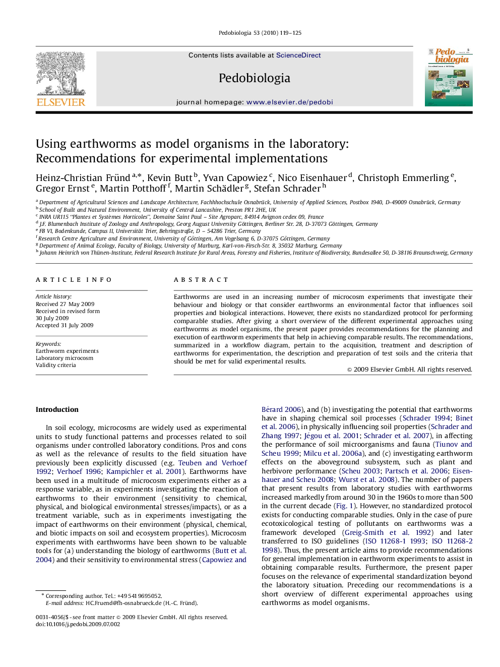 Using earthworms as model organisms in the laboratory: Recommendations for experimental implementations
