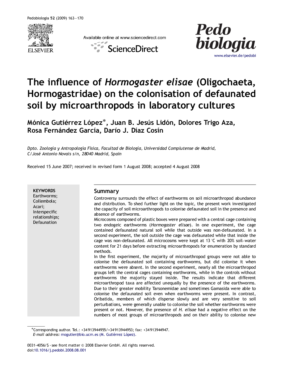 The influence of Hormogaster elisae (Oligochaeta, Hormogastridae) on the colonisation of defaunated soil by microarthropods in laboratory cultures