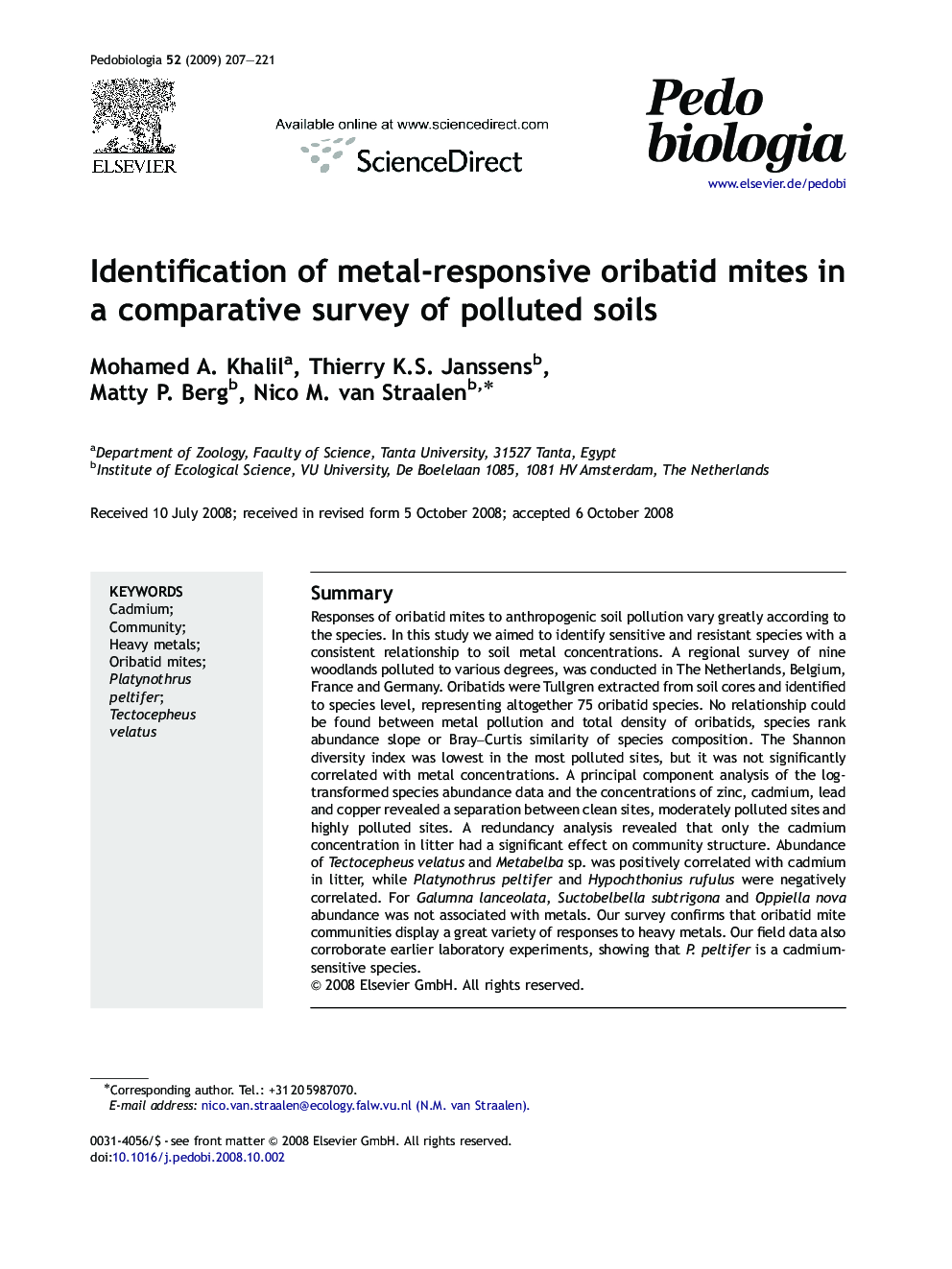 Identification of metal-responsive oribatid mites in a comparative survey of polluted soils