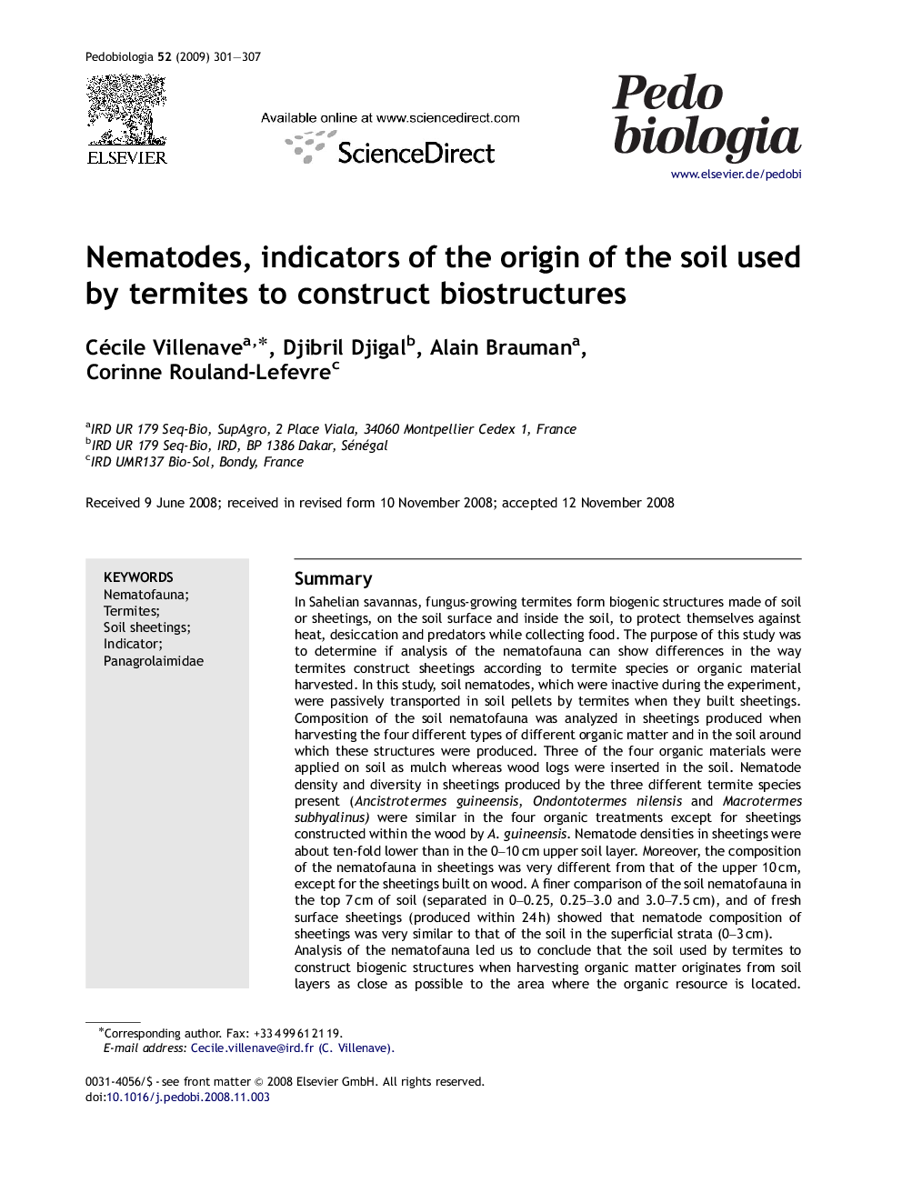 Nematodes, indicators of the origin of the soil used by termites to construct biostructures