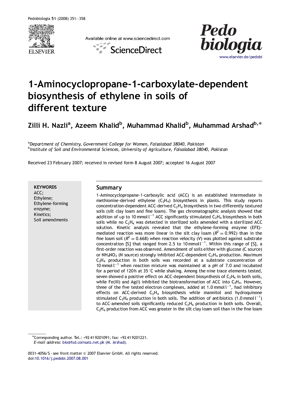 1-Aminocyclopropane-1-carboxylate-dependent biosynthesis of ethylene in soils of different texture