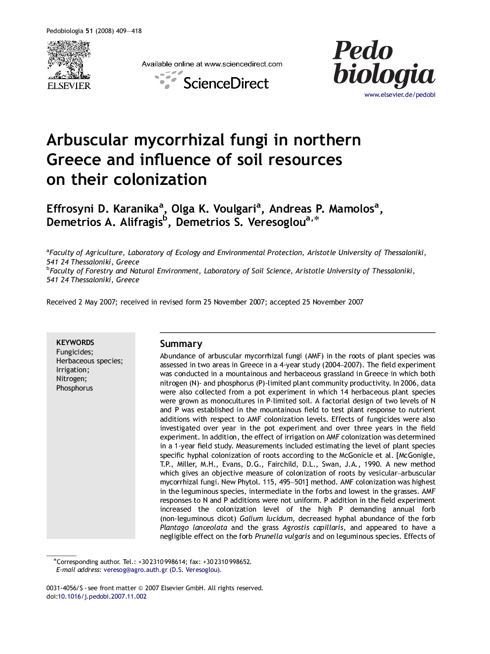 Arbuscular mycorrhizal fungi in northern Greece and influence of soil resources on their colonization