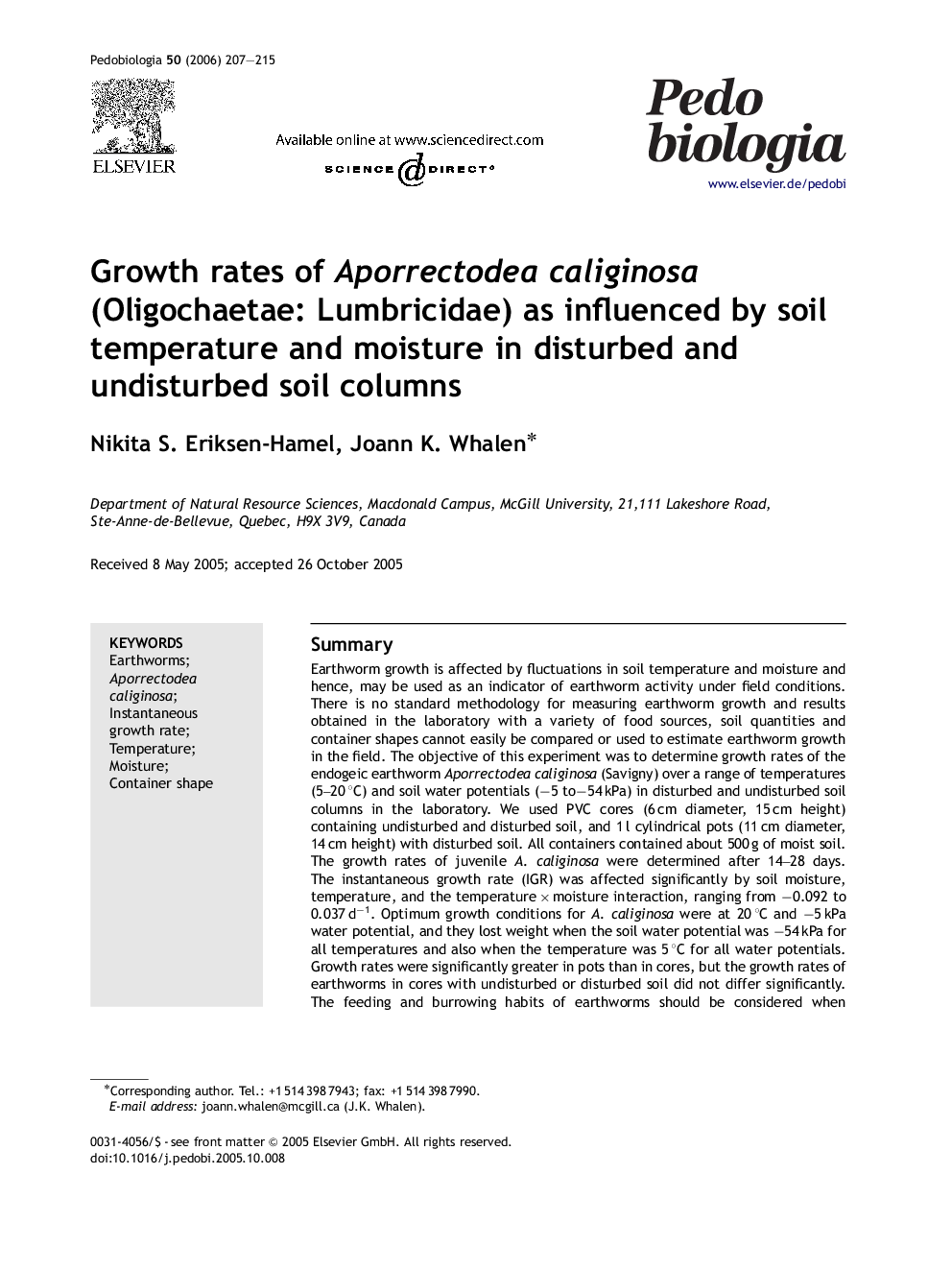 Growth rates of Aporrectodea caliginosa (Oligochaetae: Lumbricidae) as influenced by soil temperature and moisture in disturbed and undisturbed soil columns