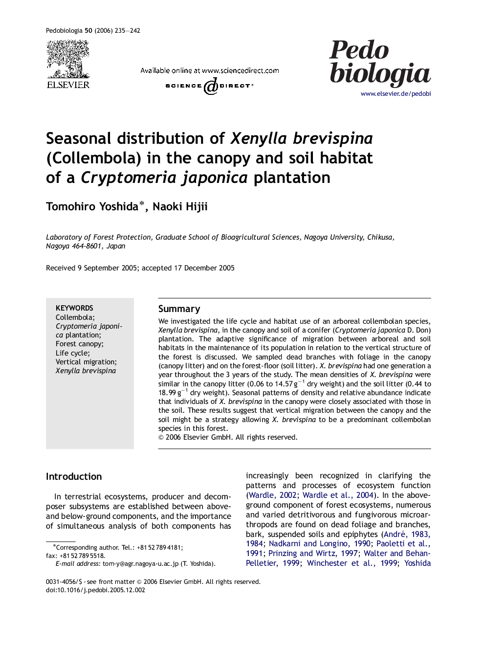 Seasonal distribution of Xenylla brevispina (Collembola) in the canopy and soil habitat of a Cryptomeria japonica plantation