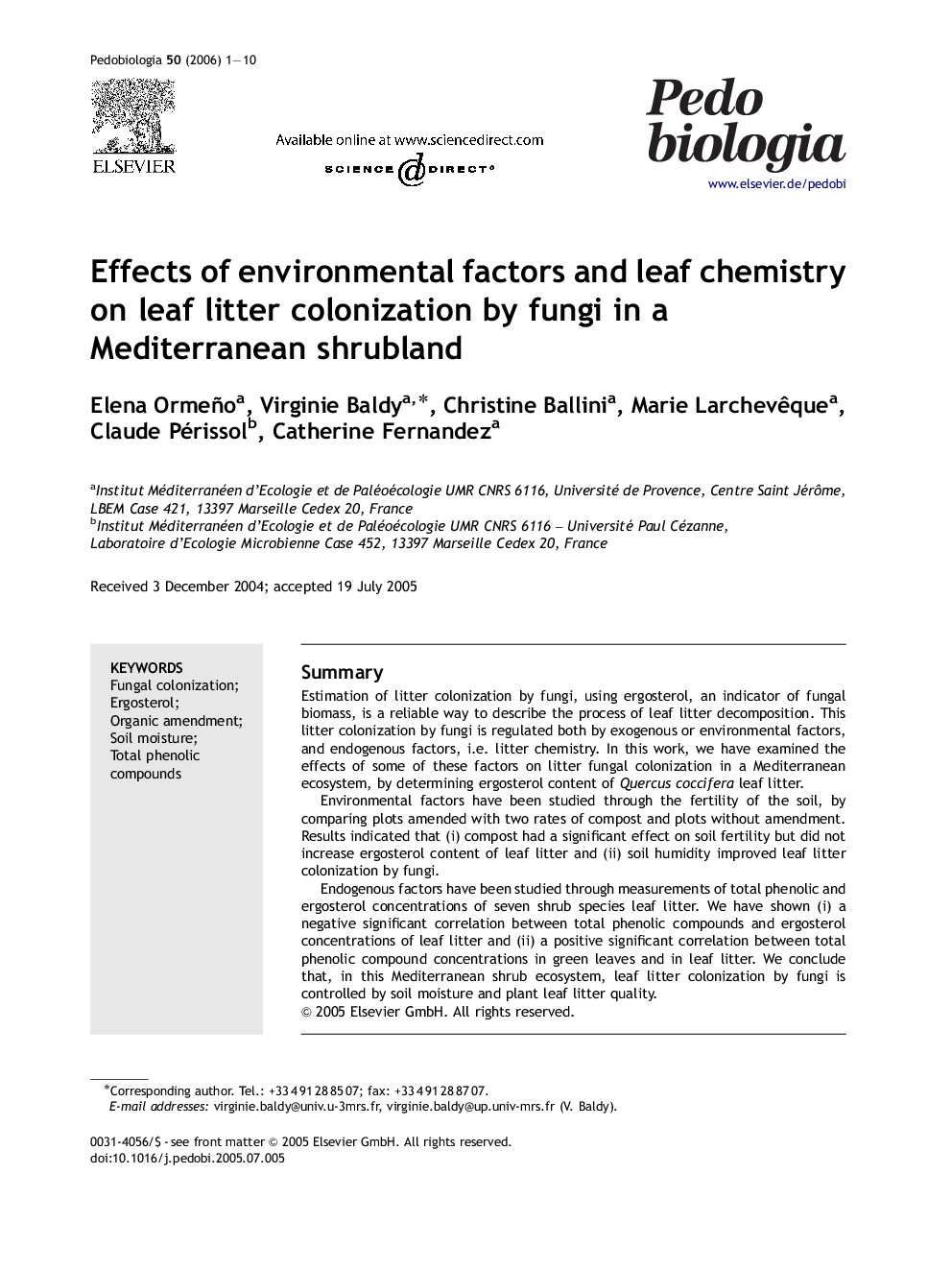 Effects of environmental factors and leaf chemistry on leaf litter colonization by fungi in a Mediterranean shrubland