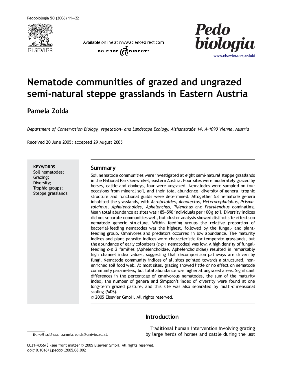 Nematode communities of grazed and ungrazed semi-natural steppe grasslands in Eastern Austria