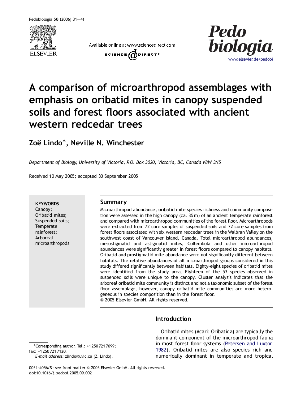 A comparison of microarthropod assemblages with emphasis on oribatid mites in canopy suspended soils and forest floors associated with ancient western redcedar trees