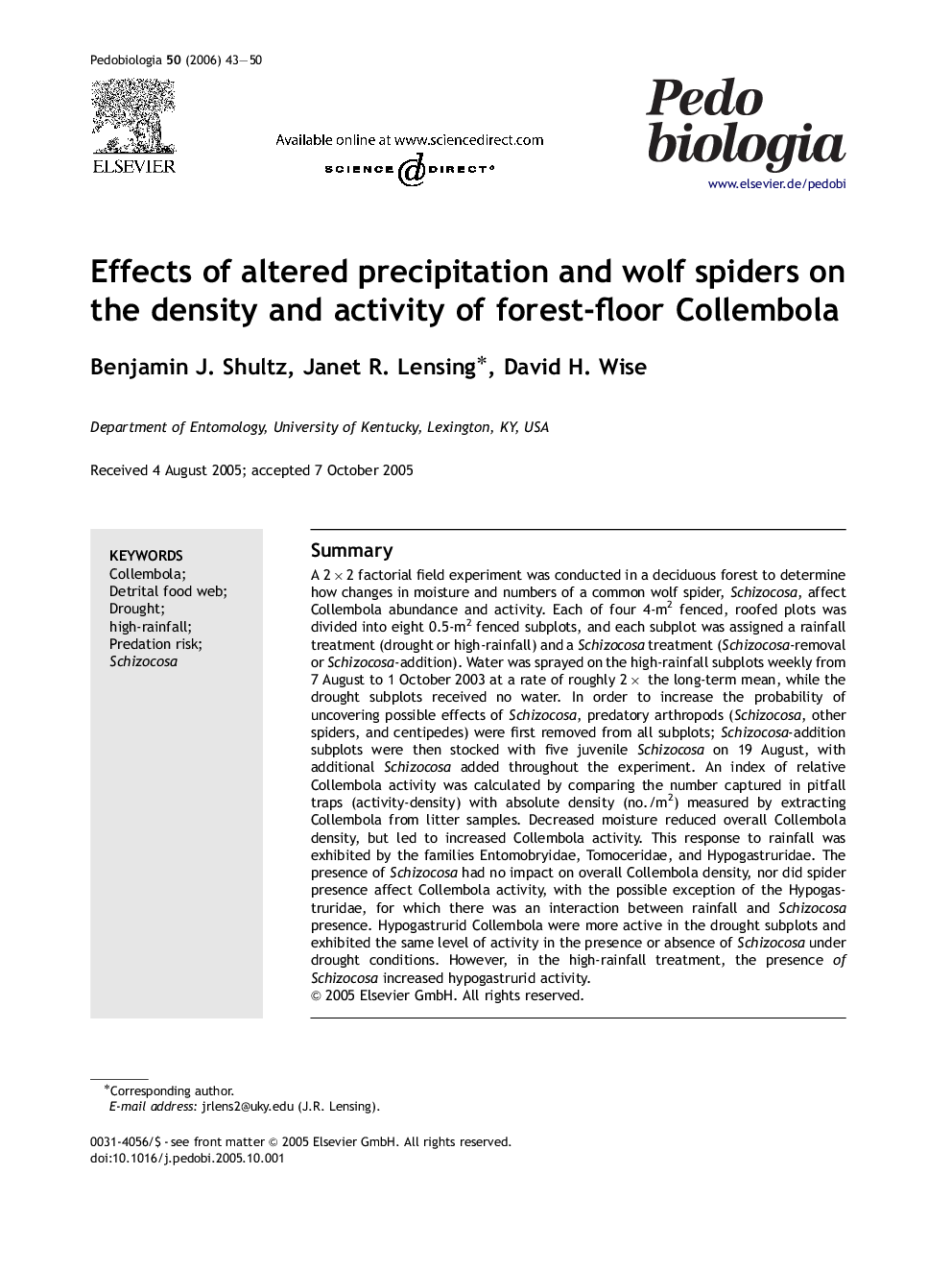 Effects of altered precipitation and wolf spiders on the density and activity of forest-floor Collembola