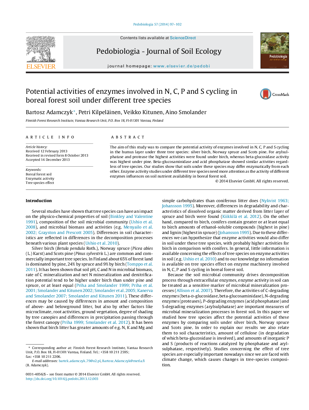 Potential activities of enzymes involved in N, C, P and S cycling in boreal forest soil under different tree species