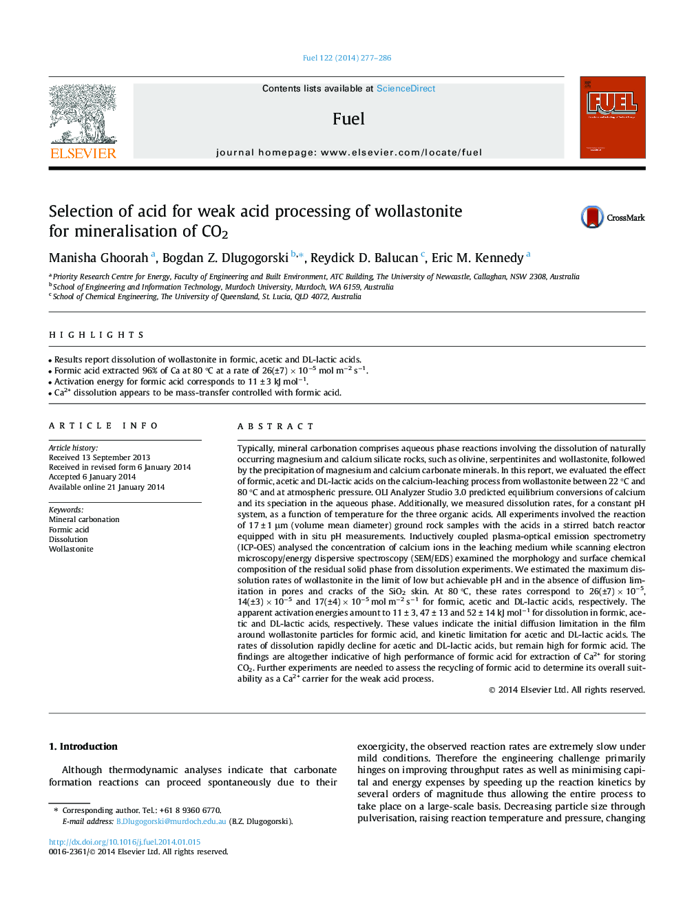 Selection of acid for weak acid processing of wollastonite for mineralisation of CO2