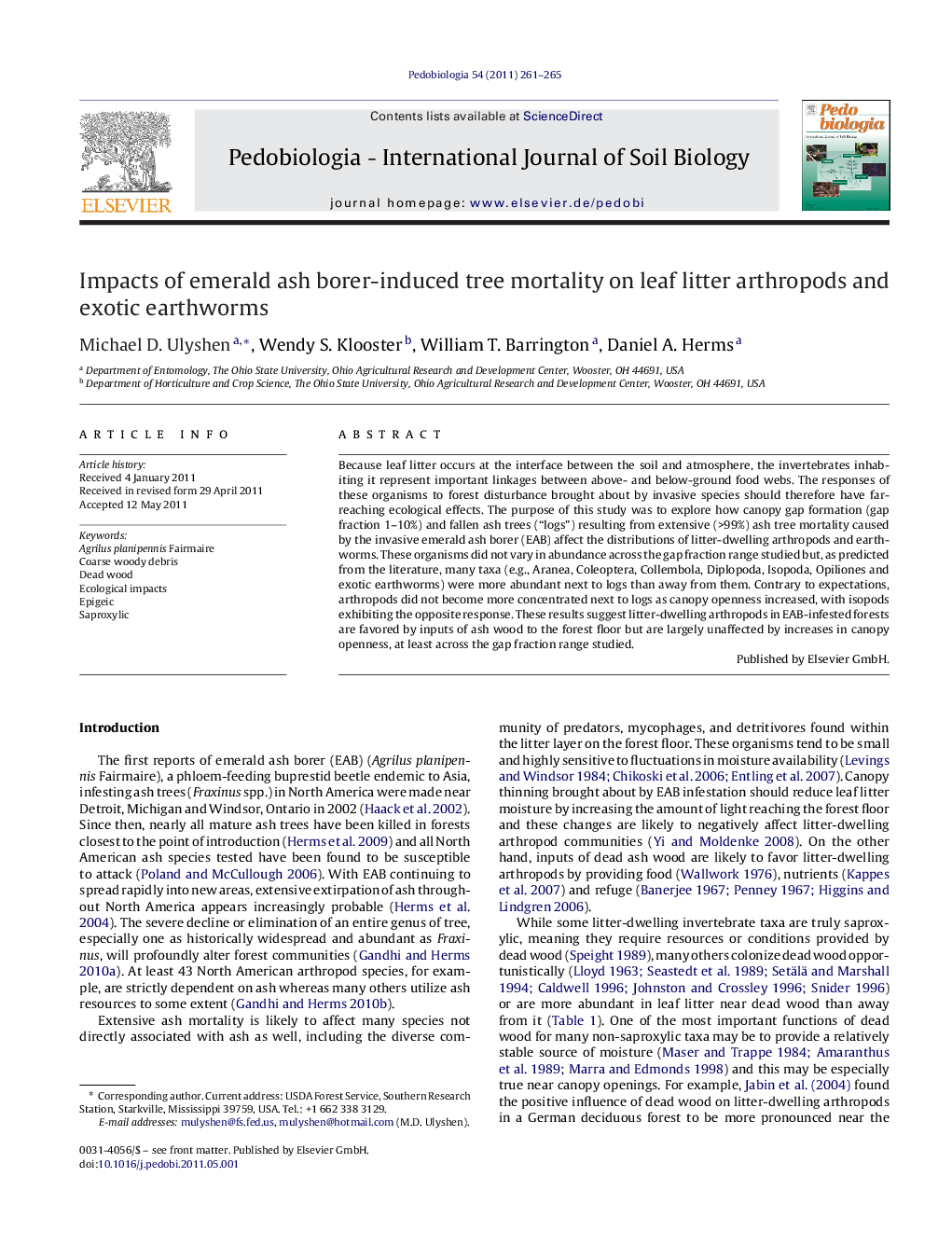 Impacts of emerald ash borer-induced tree mortality on leaf litter arthropods and exotic earthworms