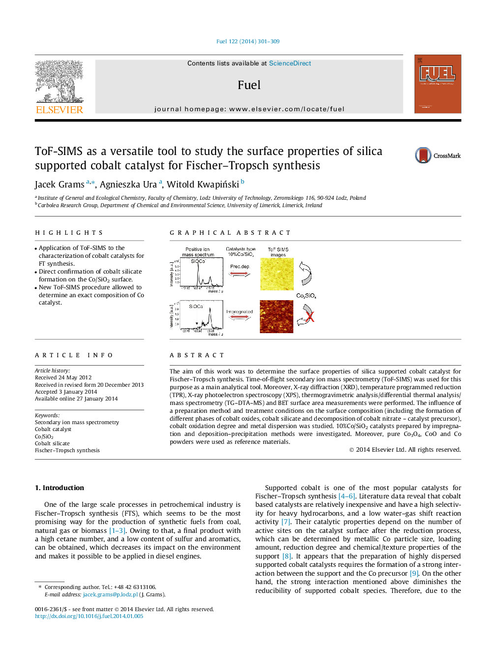 ToF-SIMS as a versatile tool to study the surface properties of silica supported cobalt catalyst for Fischer–Tropsch synthesis