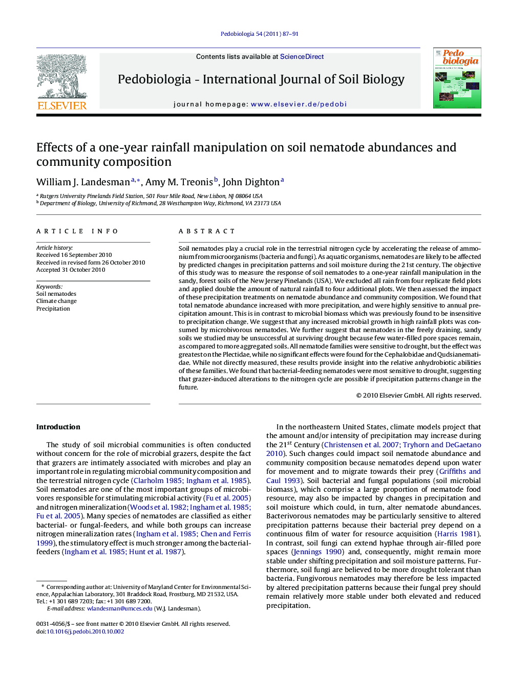 Effects of a one-year rainfall manipulation on soil nematode abundances and community composition