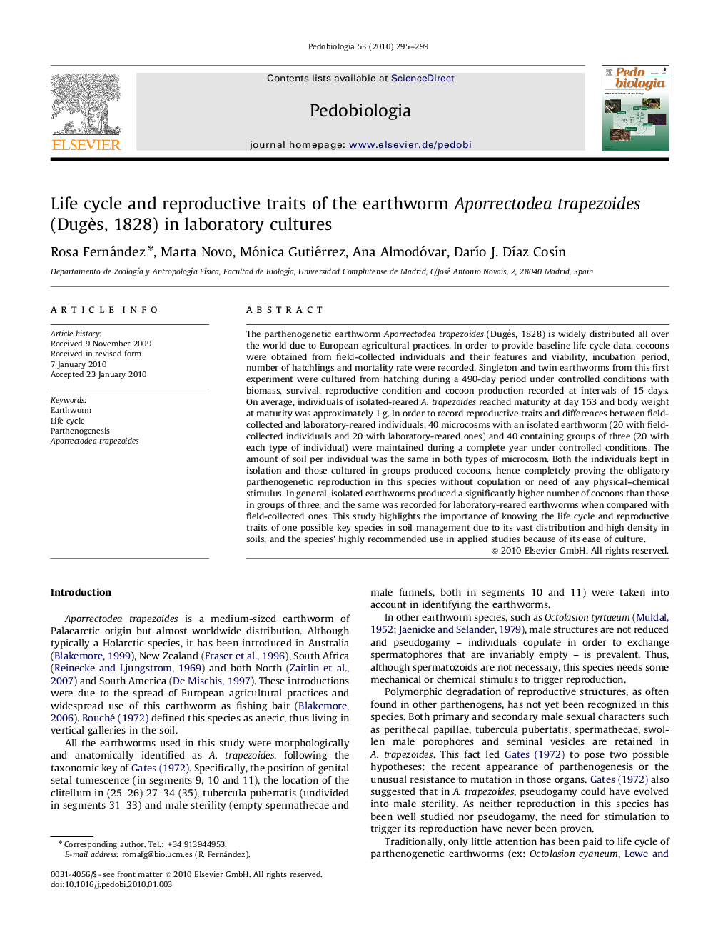 Life cycle and reproductive traits of the earthworm Aporrectodea trapezoides (Dugès, 1828) in laboratory cultures