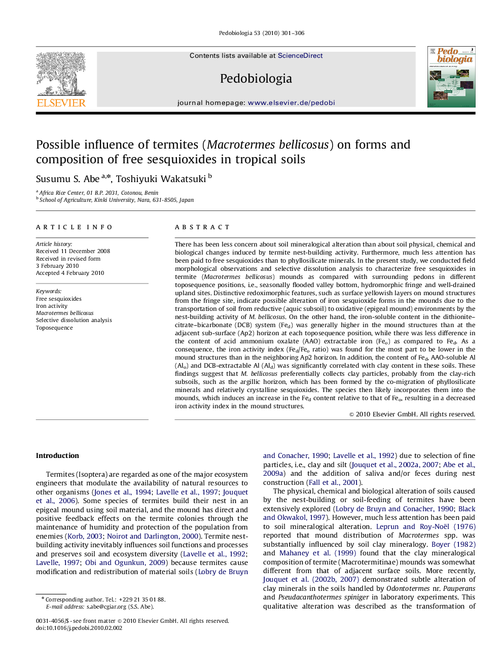 Possible influence of termites (Macrotermes bellicosus) on forms and composition of free sesquioxides in tropical soils