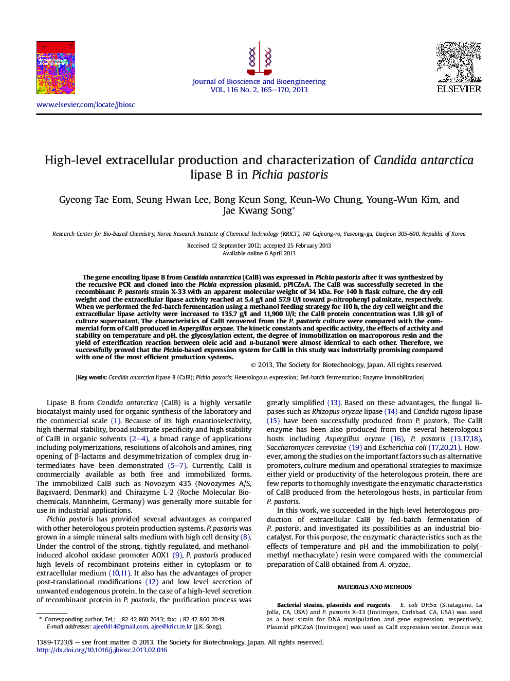 High-level extracellular production and characterization of Candida antarctica lipase B in Pichia pastoris