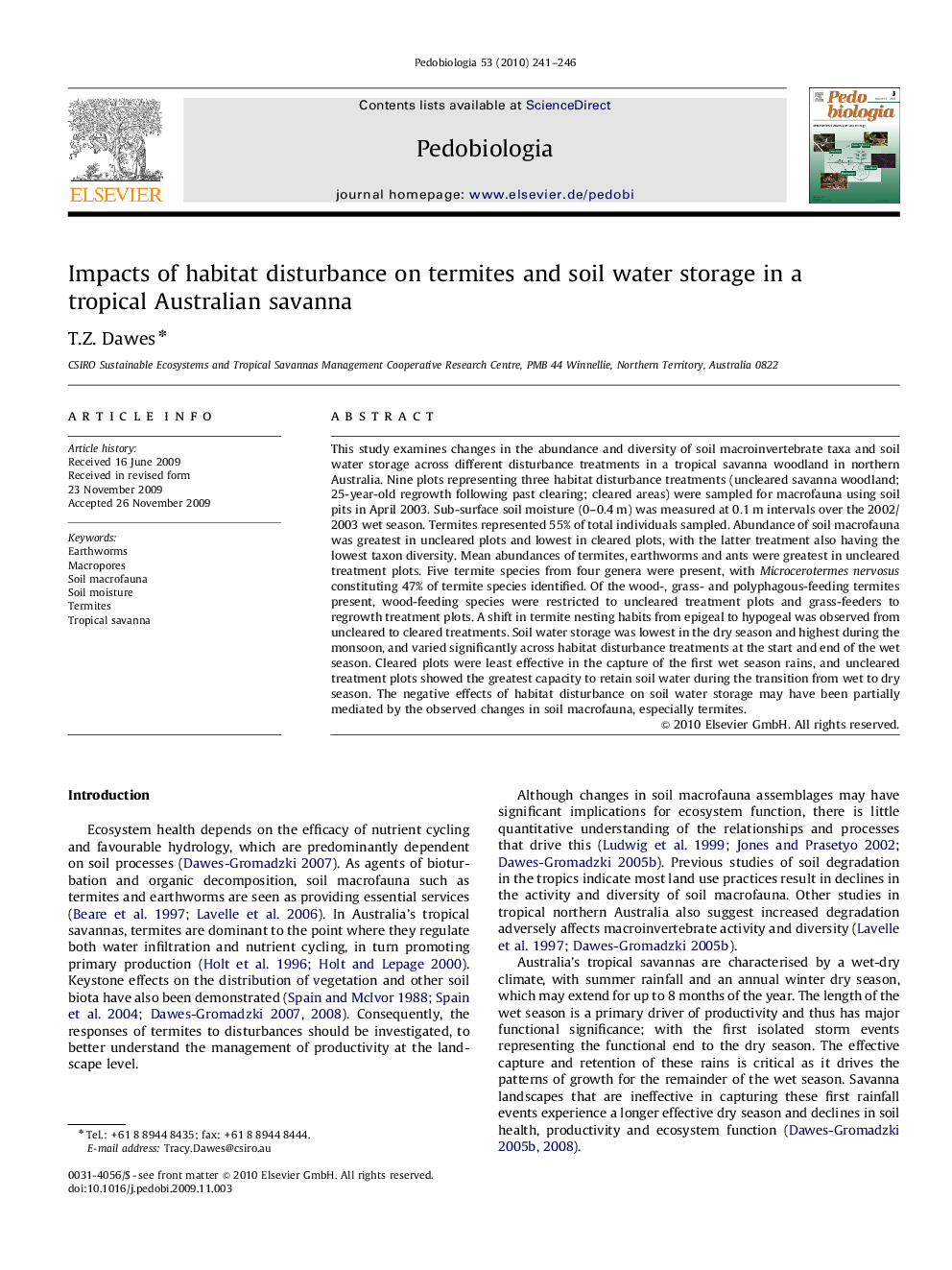 Impacts of habitat disturbance on termites and soil water storage in a tropical Australian savanna