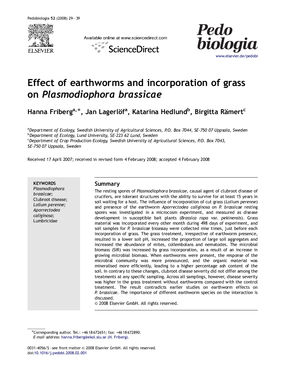 Effect of earthworms and incorporation of grass on Plasmodiophora brassicae