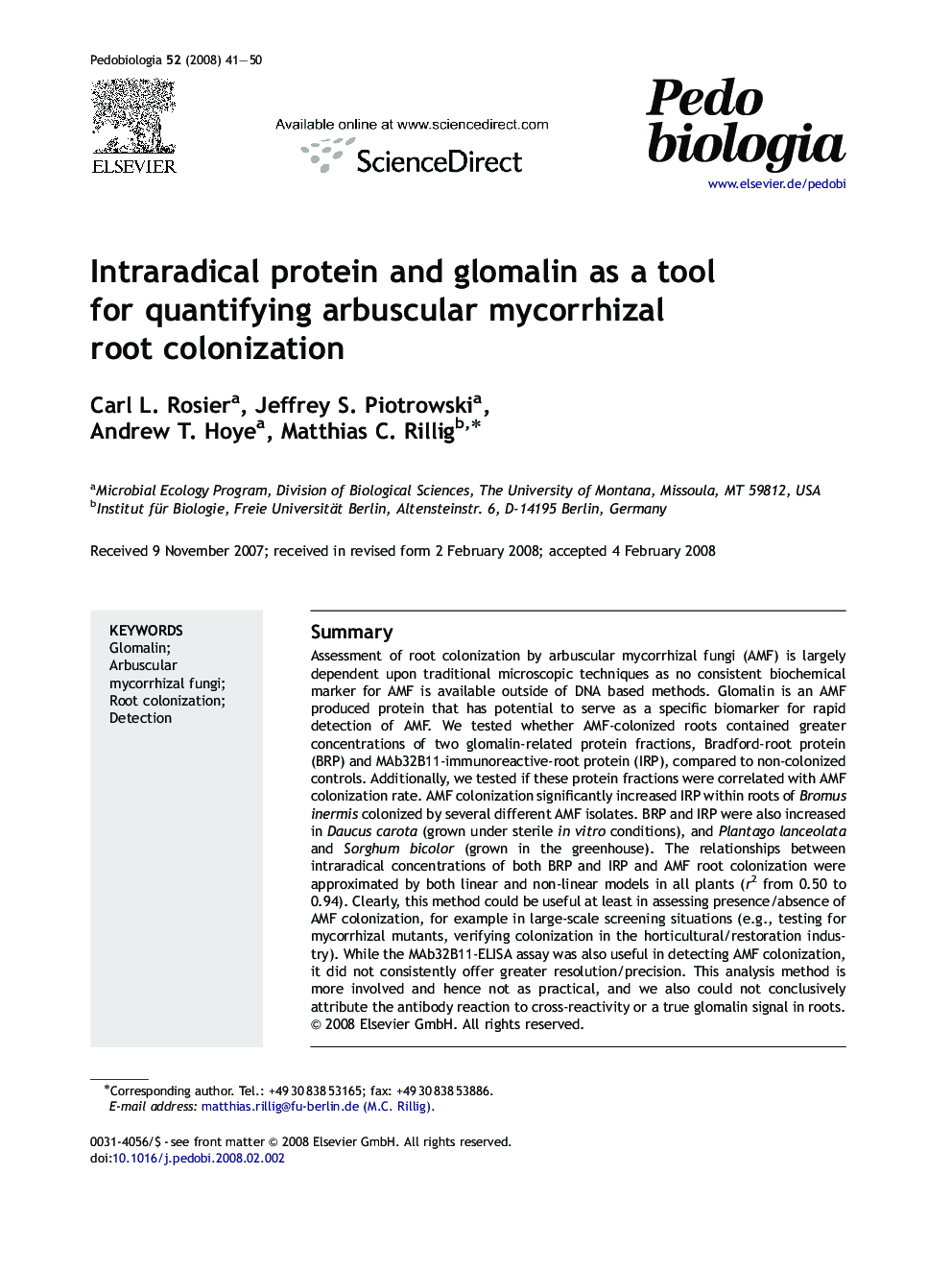 Intraradical protein and glomalin as a tool for quantifying arbuscular mycorrhizal root colonization