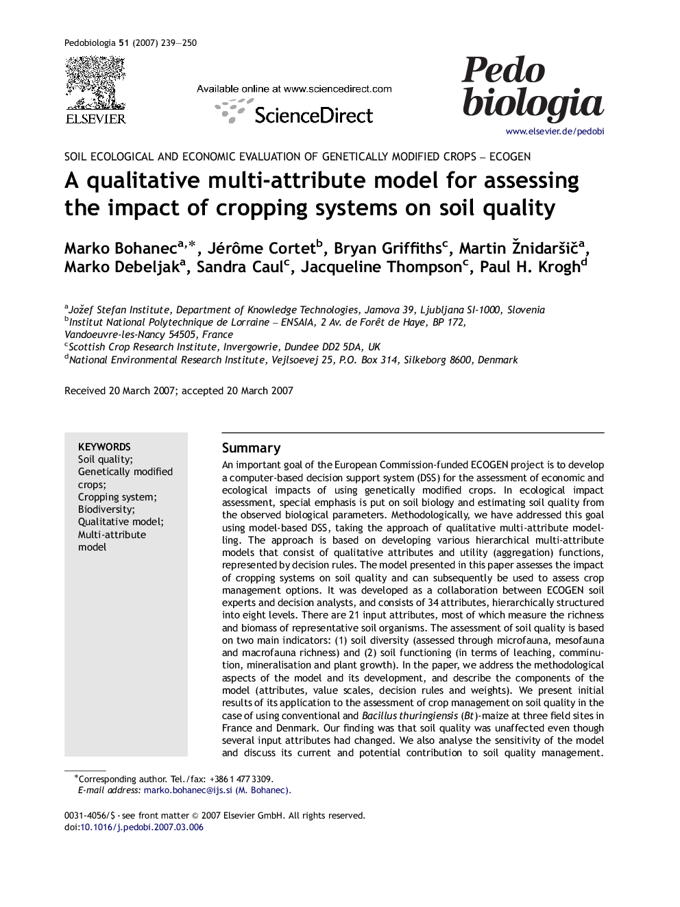 A qualitative multi-attribute model for assessing the impact of cropping systems on soil quality