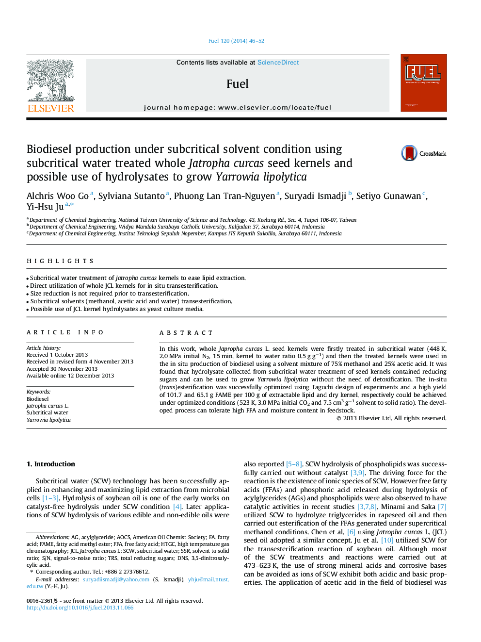 Biodiesel production under subcritical solvent condition using subcritical water treated whole Jatropha curcas seed kernels and possible use of hydrolysates to grow Yarrowia lipolytica