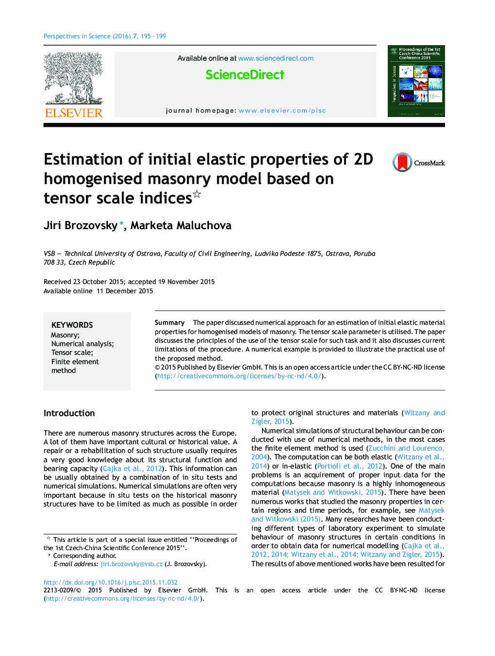 Estimation of initial elastic properties of 2D homogenised masonry model based on tensor scale indices 