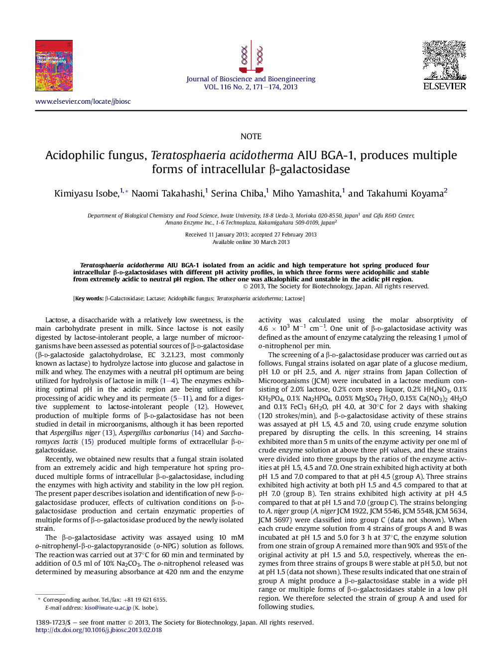 Acidophilic fungus, Teratosphaeria acidotherma AIU BGA-1, produces multiple forms of intracellular β-galactosidase