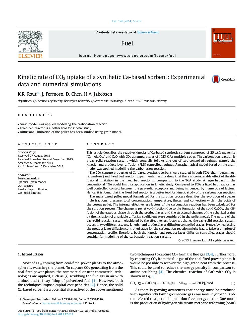 Kinetic rate of CO2CO2 uptake of a synthetic Ca-based sorbent: Experimental data and numerical simulations