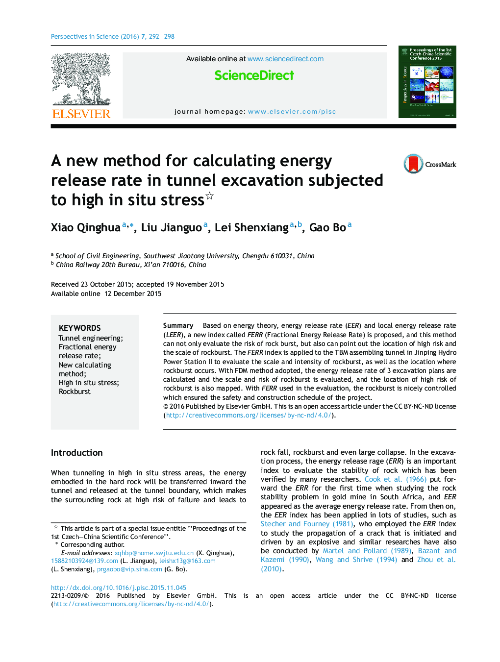 A new method for calculating energy release rate in tunnel excavation subjected to high in situ stress 