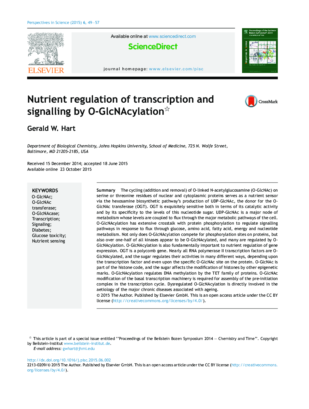 Nutrient regulation of transcription and signalling by O-GlcNAcylation 