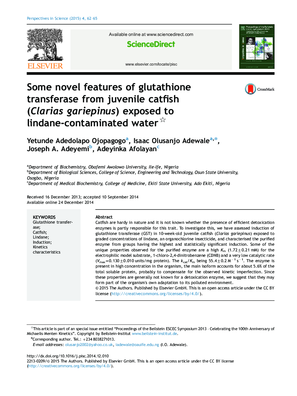 Some novel features of glutathione transferase from juvenile catfish (Clarias gariepinus) exposed to lindane-contaminated water 