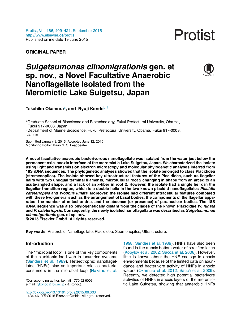 Suigetsumonas clinomigrationis gen. et sp. nov., a Novel Facultative Anaerobic Nanoflagellate Isolated from the Meromictic Lake Suigetsu, Japan