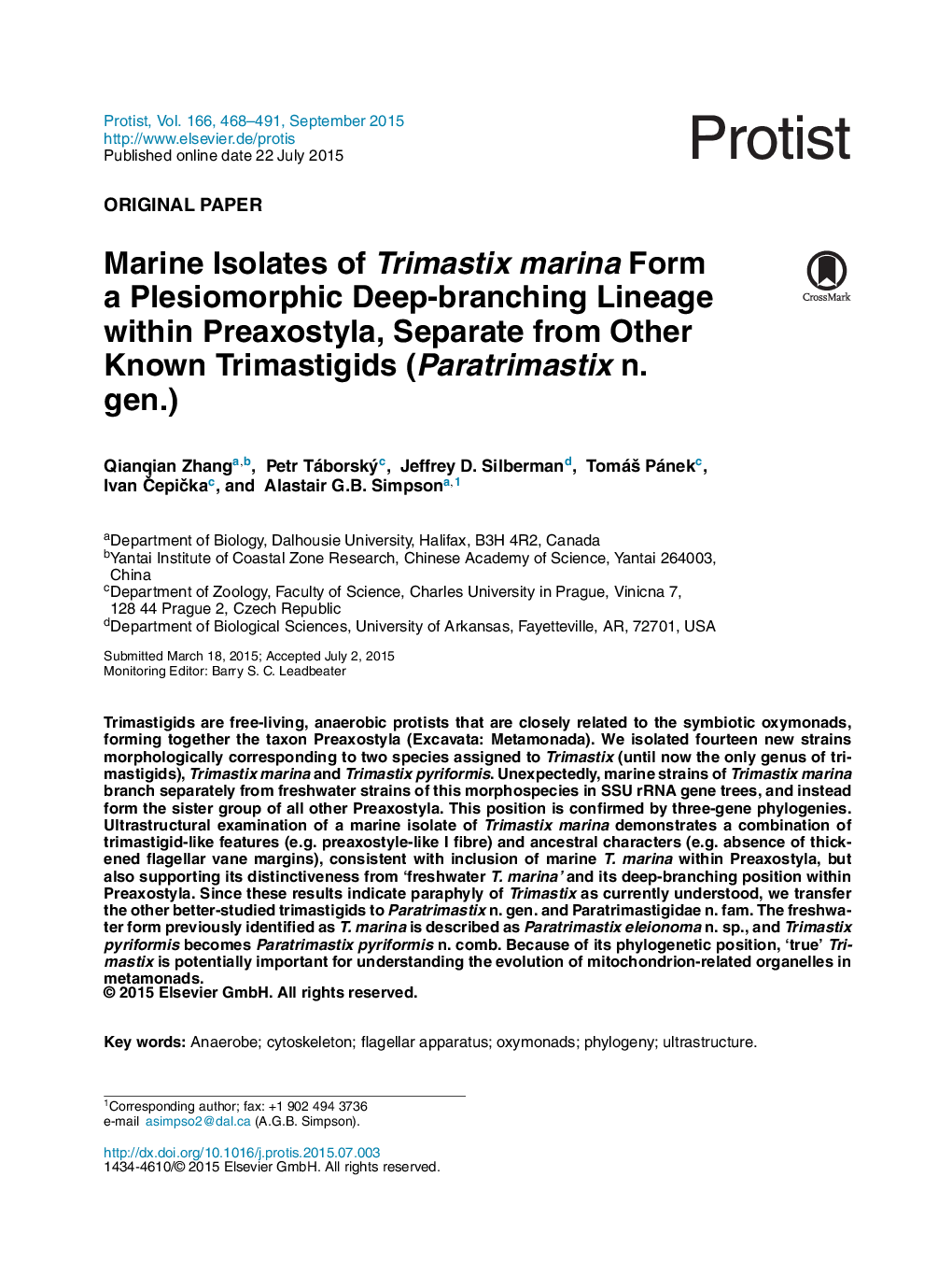 Marine Isolates of Trimastix marina Form a Plesiomorphic Deep-branching Lineage within Preaxostyla, Separate from Other Known Trimastigids (Paratrimastix n. gen.)